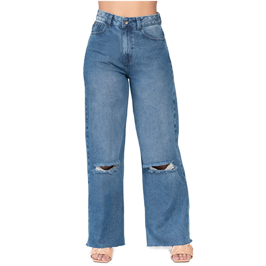 High-Rise Wide-Leg Distressed Denim Jeans – Full Length